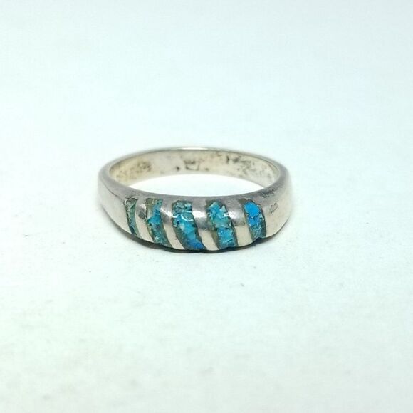 Vintage Sterling Silver Blue Inlaid Band Ring, Size 5 Band, Made in Mexico - Picture 9 of 9